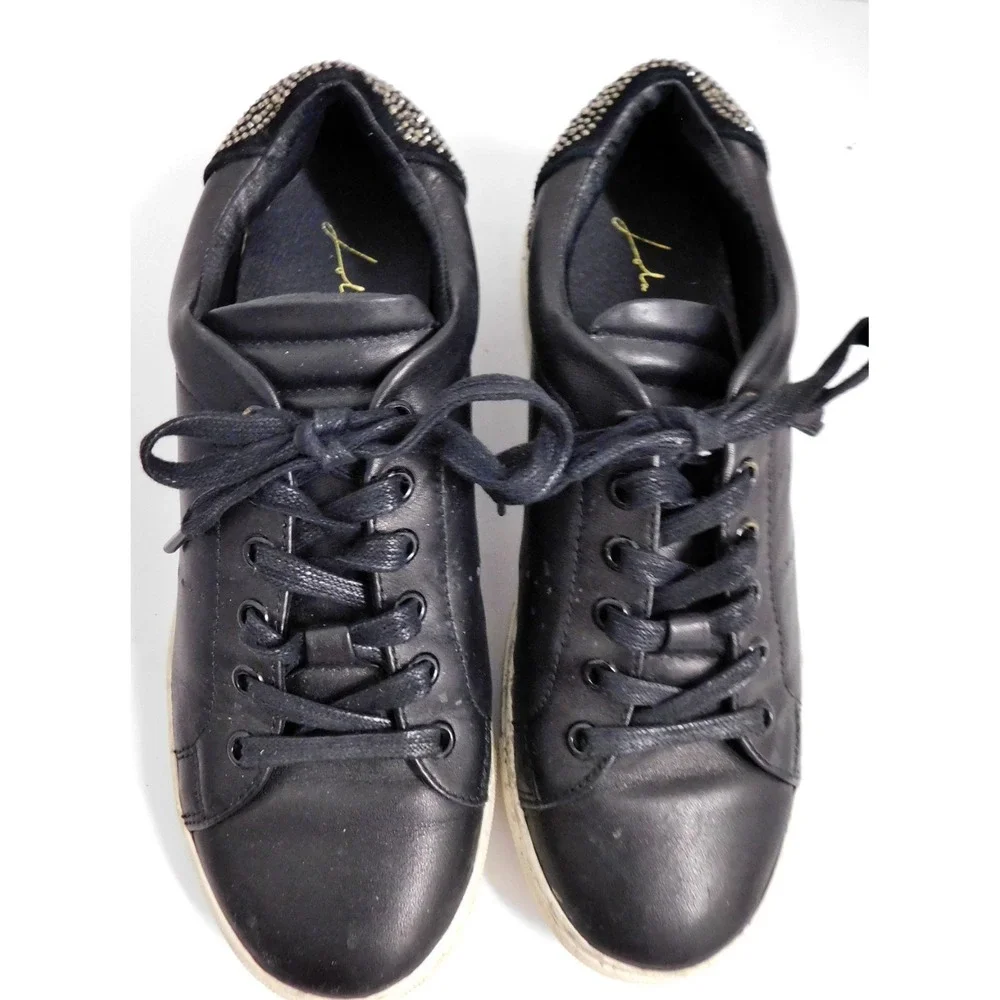 Lola Cruz Anthropologie Rhinestone Wink Smiley Face Black Leather Sneakers sz 38